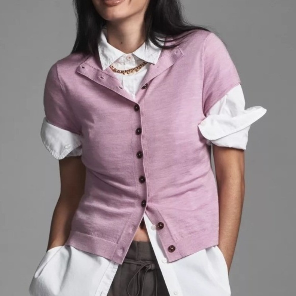 Pilcro Anthropologie Lavender Merino Wool Button Front Collared Cardigan Vest